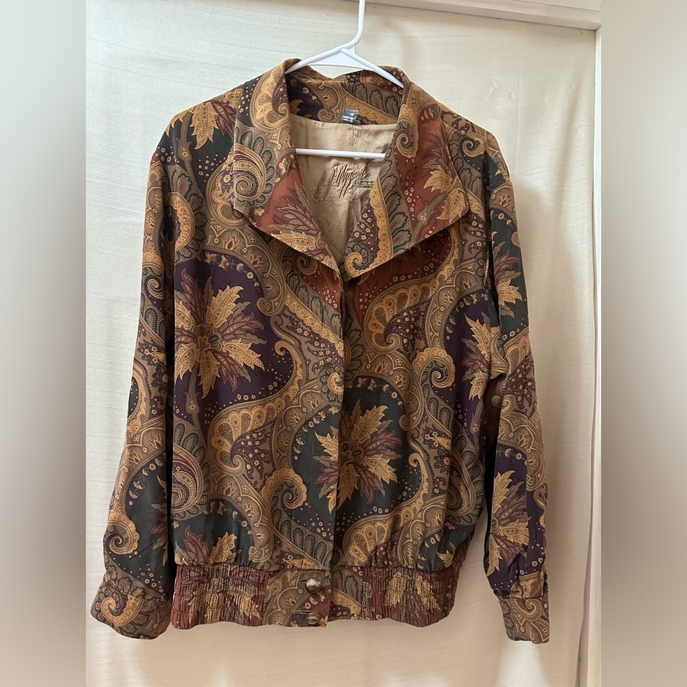 Vintage 90s Peter Nygård 100% Silk Brown Paisley Jacket Size 4 Retro 80s 90s